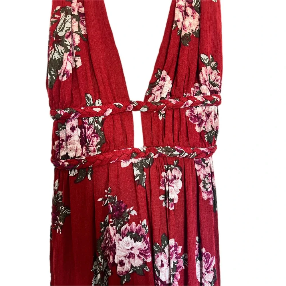 ILA ILA Floral Halter Maxi Dress Burgundy  Braided Waist Open Back Boho Summer - Picture 4 of 9